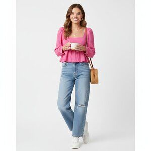 WAYF Women's Pink Long Sleeve Square Neck Blouse Size XS NWT